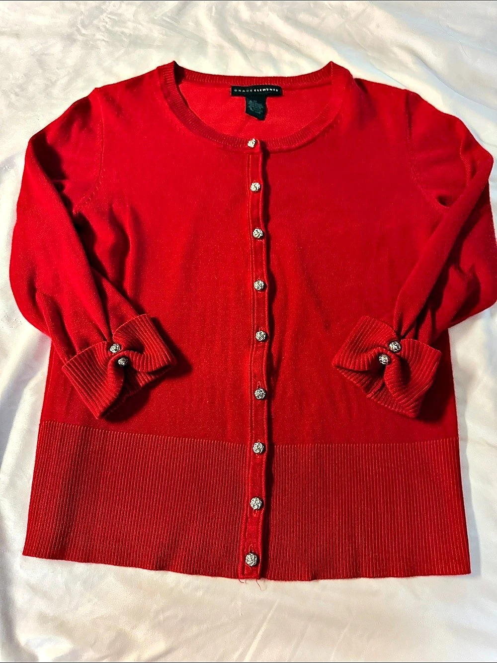 Grace Elements Red Bow Cuff Cardigan Size Medium Like New